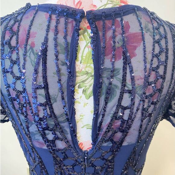 R&M Richards Navy Blue Sequin Satin Waist Belted  Party Cocktail Maxi  Dress 8us - Picture 6 of 14